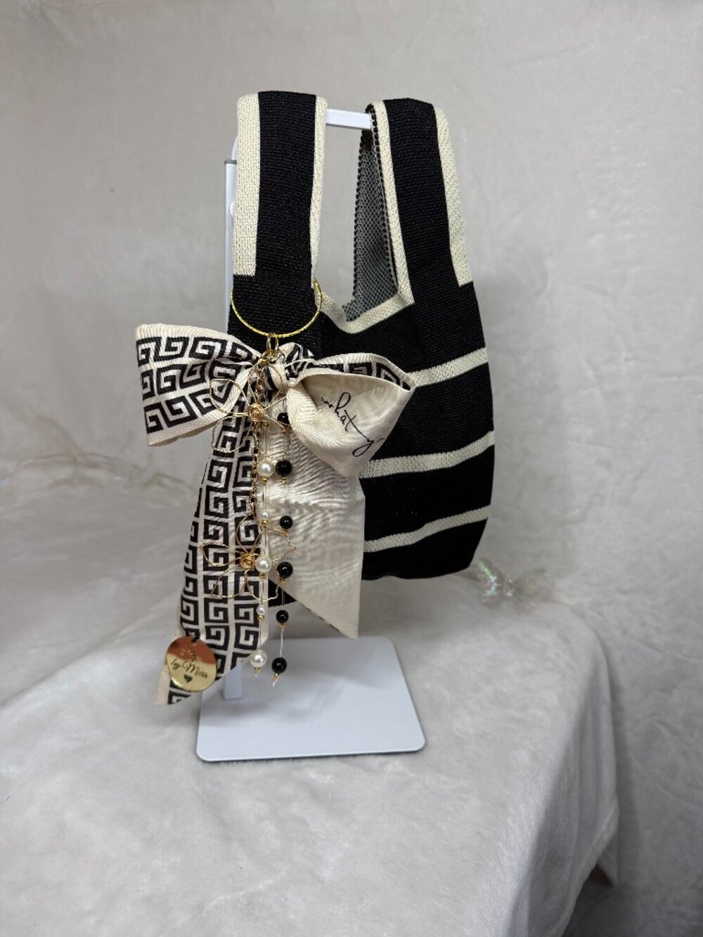 Handmade Greek Key Bow Bag Charm – Black & Cream – Pepa by Murr